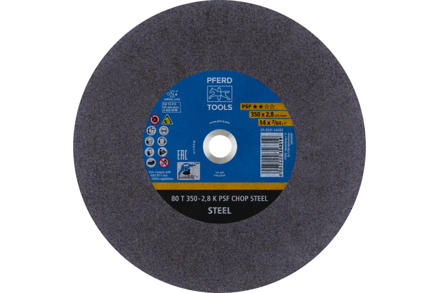 Picture of Pferd Large Diameter Cut-Off Wheel 14" X 7/64 X 1, Psf Chop Steel, K, Aluminum Oxide